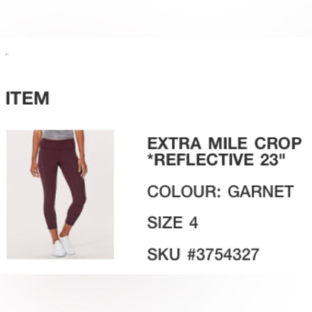 Lululemon Sz 4 ‘Extra Mile’ Reflective Cropped Leggings 23”